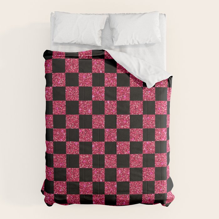 Pink Glitter Checkered Print in Black Comforter Gallery Image 1