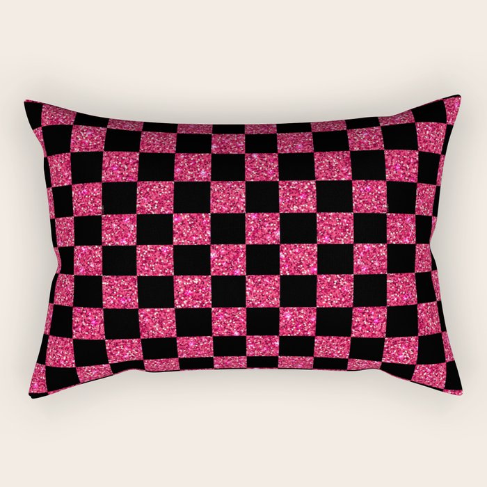Pink Glitter Checkered Print in Black Rectangular Pillow Gallery Image 1