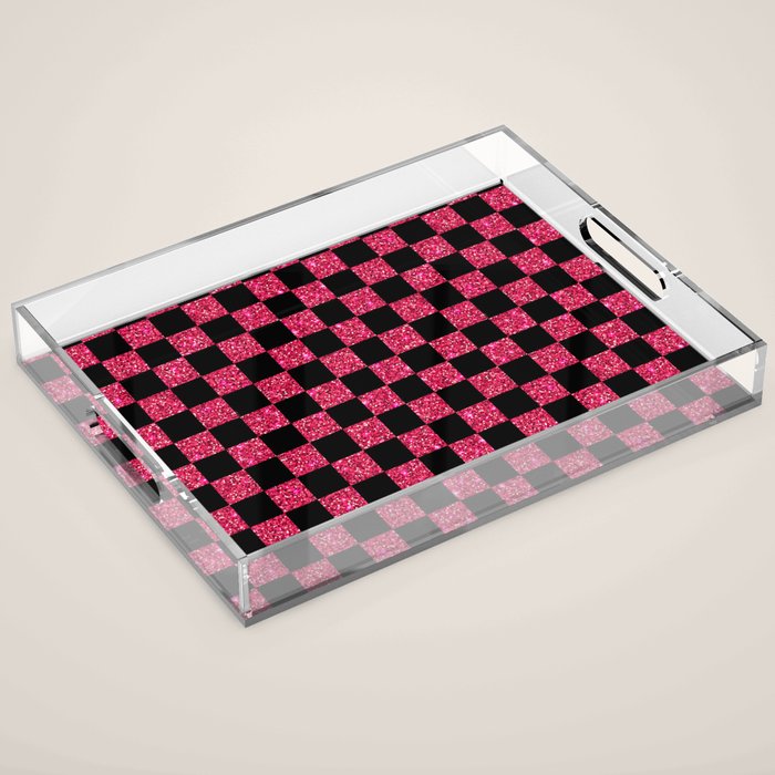 Pink Glitter Checkered Print in Black Acrylic Tray Gallery Image 1