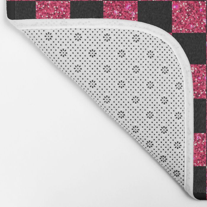 Pink Glitter Checkered Print in Black Bath Mat Gallery Image 2