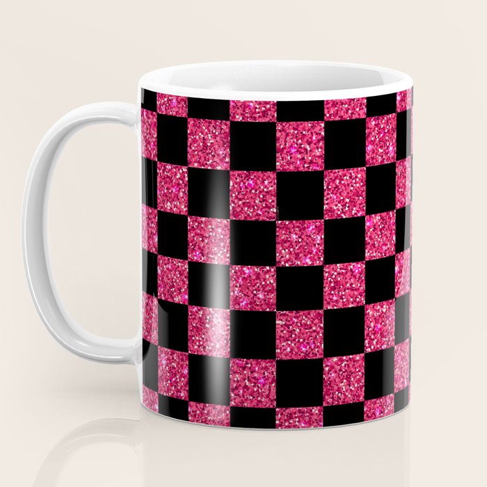 Pink Glitter Checkered Print in Black Coffee Mug Gallery Image 3