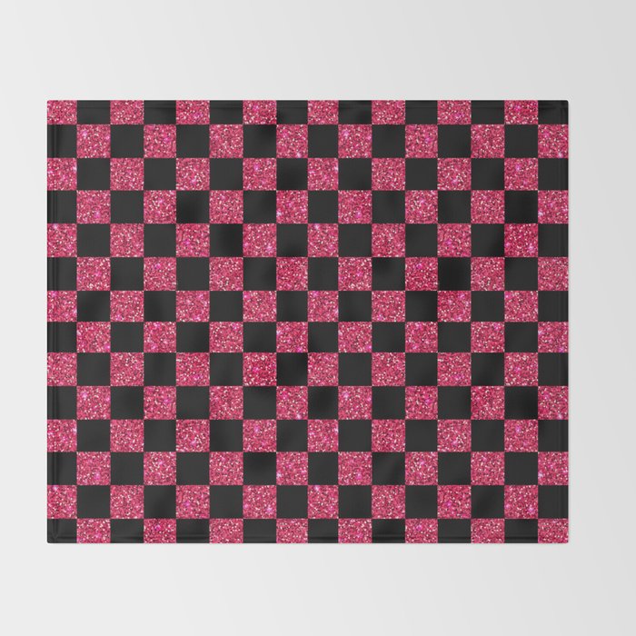 Pink Glitter Checkered Print in Black Throw Blanket Gallery Image 2