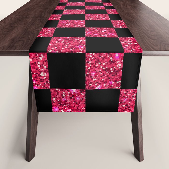 Pink Glitter Checkered Print in Black Table Runner Gallery Image 1