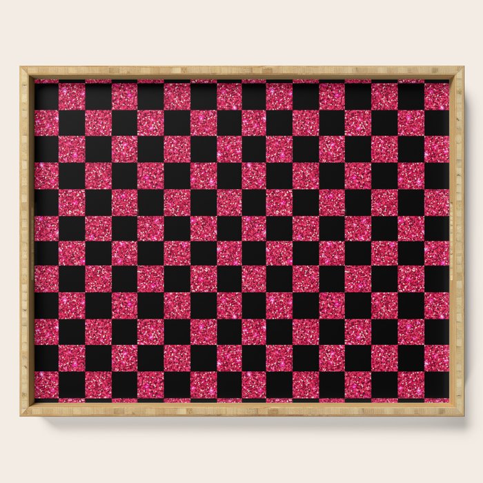 Pink Glitter Checkered Print in Black Serving Tray Gallery Image 1