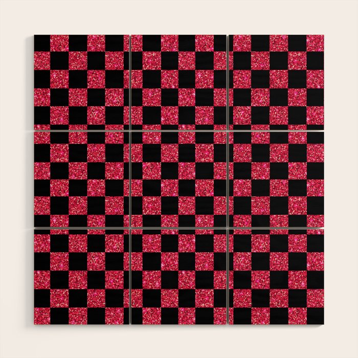 Pink Glitter Checkered Print in Black Wood Wall Art Gallery Image 1