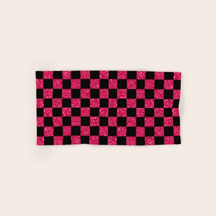 Pink Glitter Checkered Print in Black Bath Towel Gallery Image 1