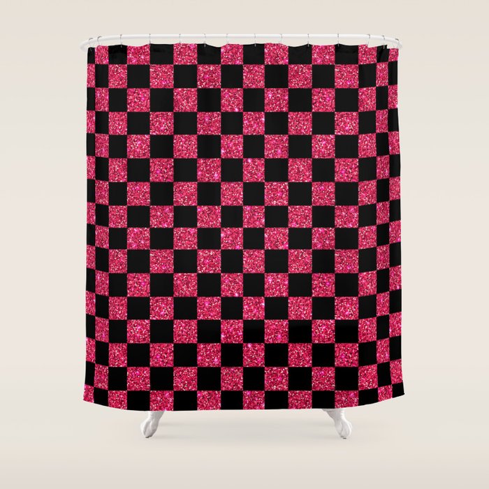 Pink Glitter Checkered Print in Black Shower Curtain Gallery Image 1