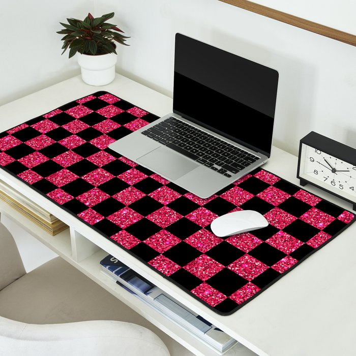 Pink Glitter Checkered Print in Black Desk Mat Gallery Image 2