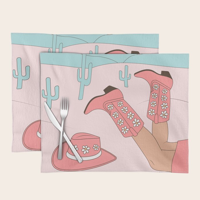 Cute Desert Cowgirl Pink Cowboy Boots Daisy Placemat Gallery Image 1