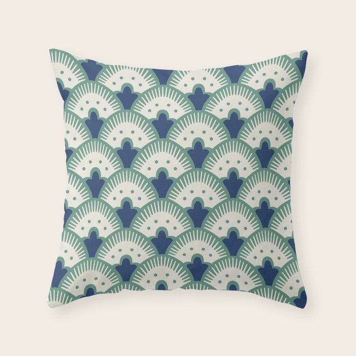Art Deco Fan Pattern Blue/Green Throw Pillow Gallery Image 1