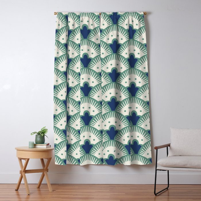 Art Deco Fan Pattern Blue/Green Window Curtain Gallery Image 1