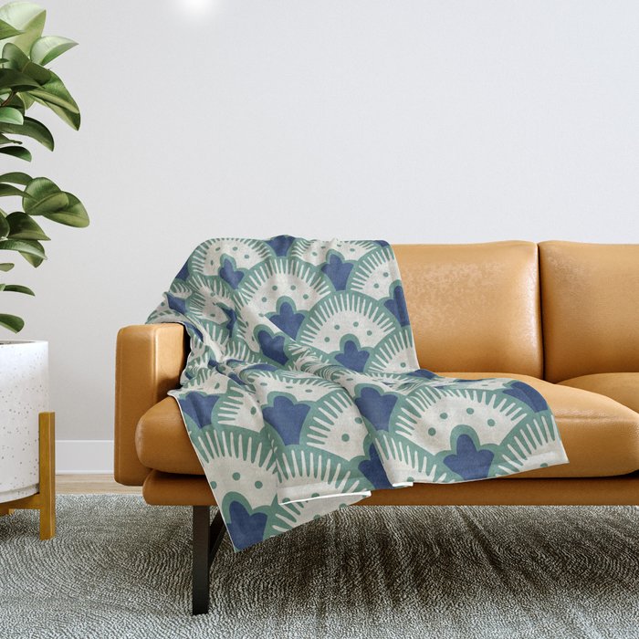 Art Deco Fan Pattern Blue/Green Throw Blanket Gallery Image 1
