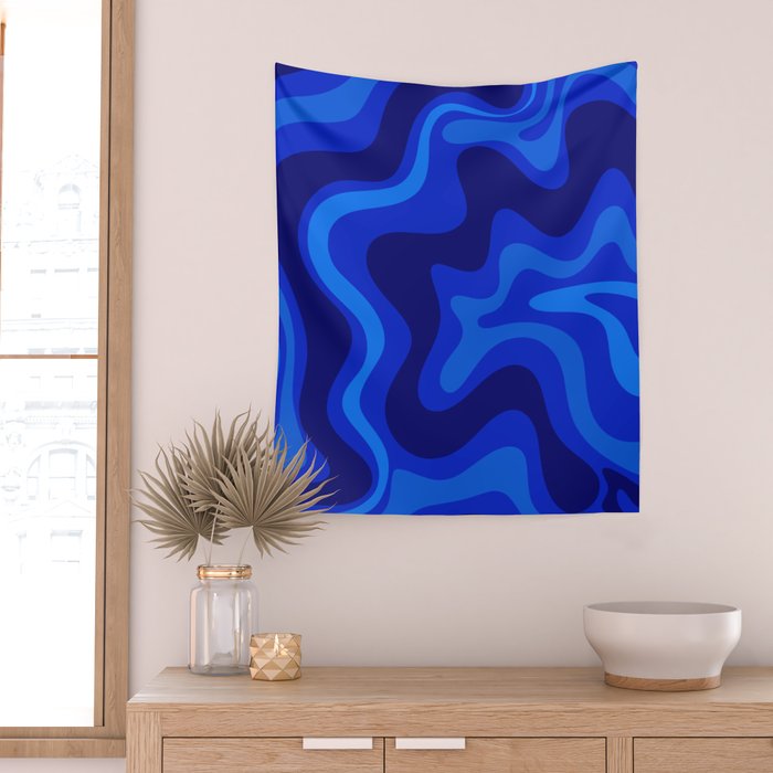 Retro Liquid Swirl Abstract Pattern in Super Blue Wall Tapestry Gallery Image 2