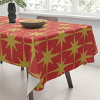 Midcentury Modern Atomic Starburst Pattern in Retro Red and Muted Mustard Tablecloth Gallery Image 3