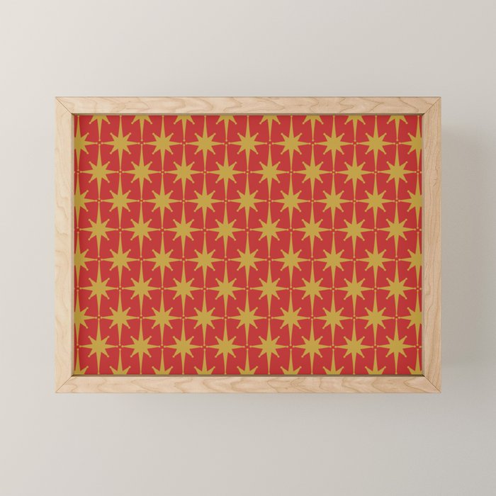 Midcentury Modern Atomic Starburst Pattern in Retro Red and Muted Mustard Mini Art Print Gallery Image 1