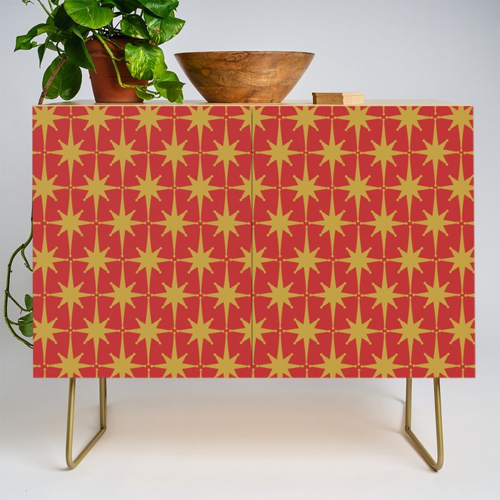 Midcentury Modern Atomic Starburst Pattern in Retro Red and Muted Mustard Credenza Gallery Image 1