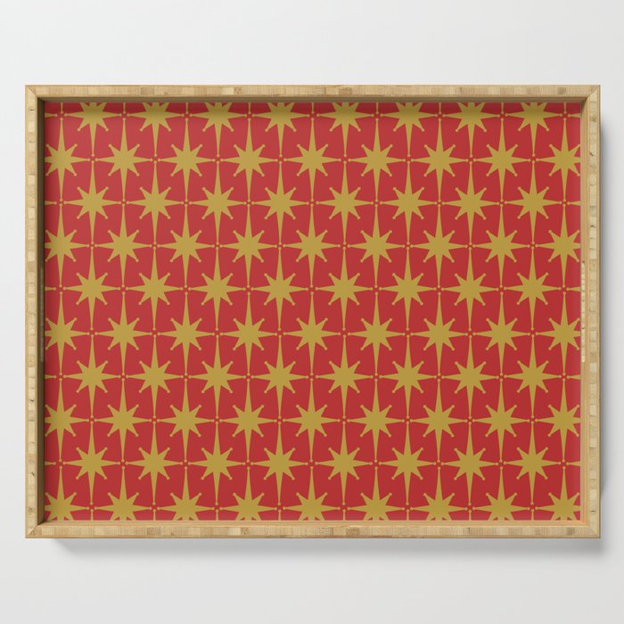 Midcentury Modern Atomic Starburst Pattern in Retro Red and Muted Mustard Serving Tray Gallery Image 1
