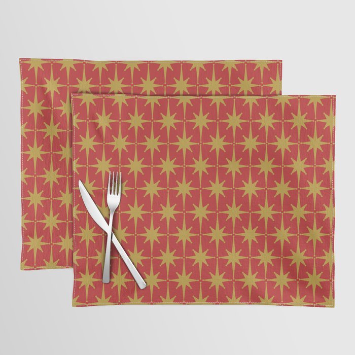 Midcentury Modern Atomic Starburst Pattern in Retro Red and Muted Mustard Placemat Gallery Image 1