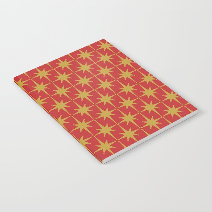 Midcentury Modern Atomic Starburst Pattern in Retro Red and Muted Mustard Notebook Gallery Image 1