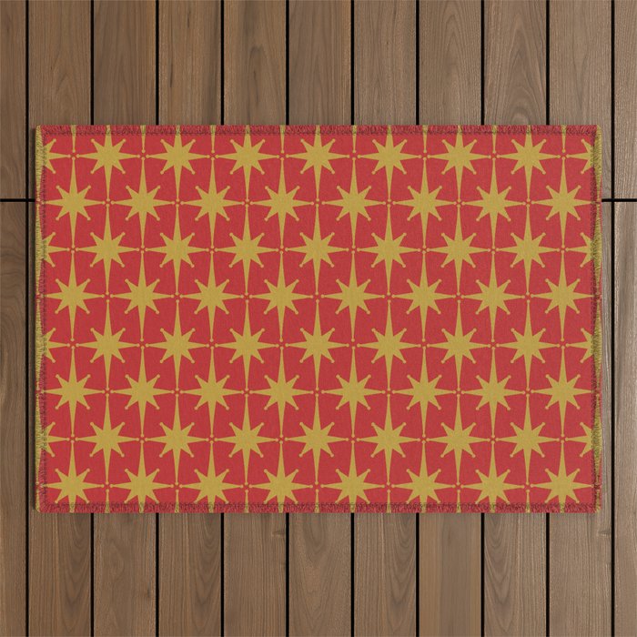 Midcentury Modern Atomic Starburst Pattern in Retro Red and Muted Mustard Outdoor Rug Gallery Image 1