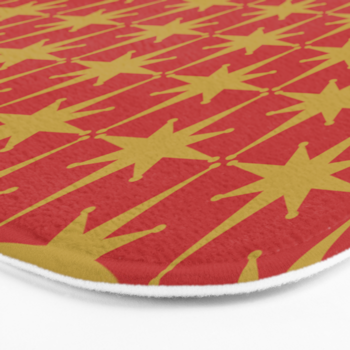 Midcentury Modern Atomic Starburst Pattern in Retro Red and Muted Mustard Bath Mat Gallery Image 3