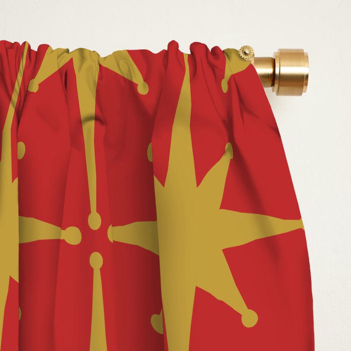 Midcentury Modern Atomic Starburst Pattern in Retro Red and Muted Mustard Window Curtain Gallery Image 2