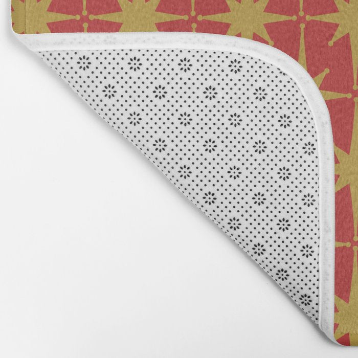 Midcentury Modern Atomic Starburst Pattern in Retro Red and Muted Mustard Bath Mat Gallery Image 2