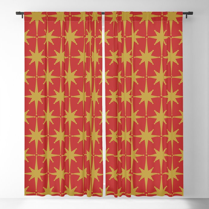 Midcentury Modern Atomic Starburst Pattern in Retro Red and Muted Mustard Window Curtain Gallery Image 5