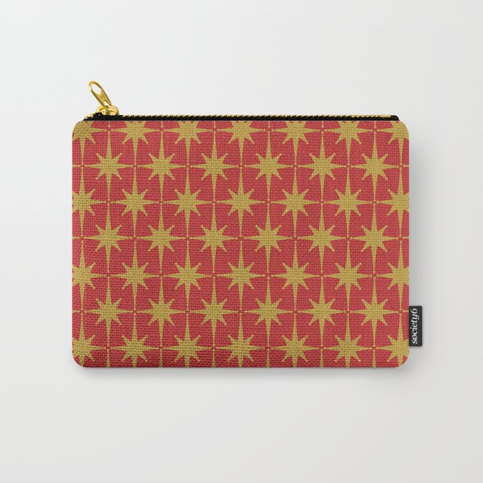 Midcentury Modern Atomic Starburst Pattern in Retro Red and Muted Mustard Carry All Pouch Gallery Image 1