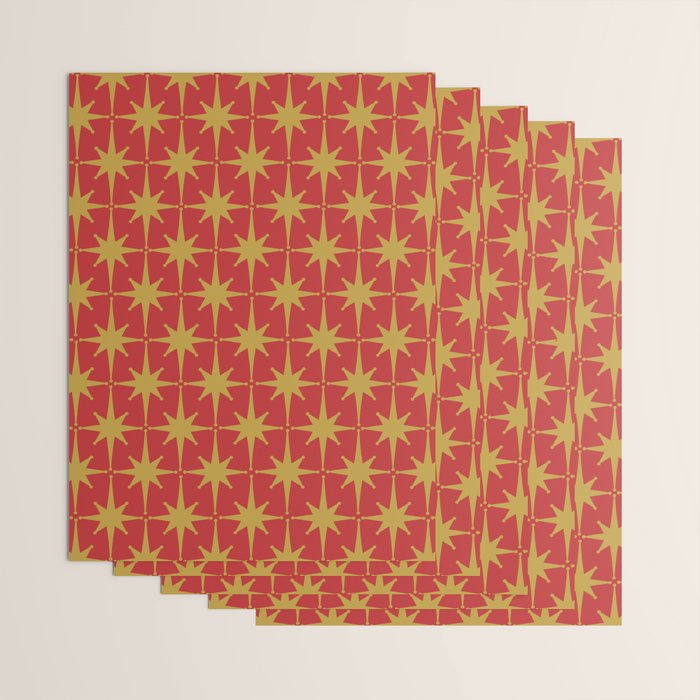 Midcentury Modern Atomic Starburst Pattern in Retro Red and Muted Mustard Wrapping Paper Gallery Image 3