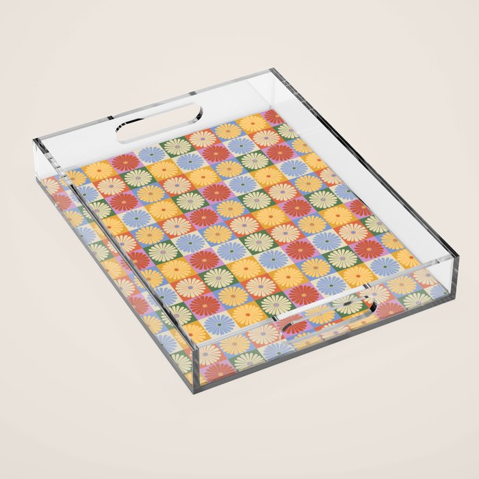Retro Flowers Check Pattern XXIX Acrylic Tray Gallery Image 1