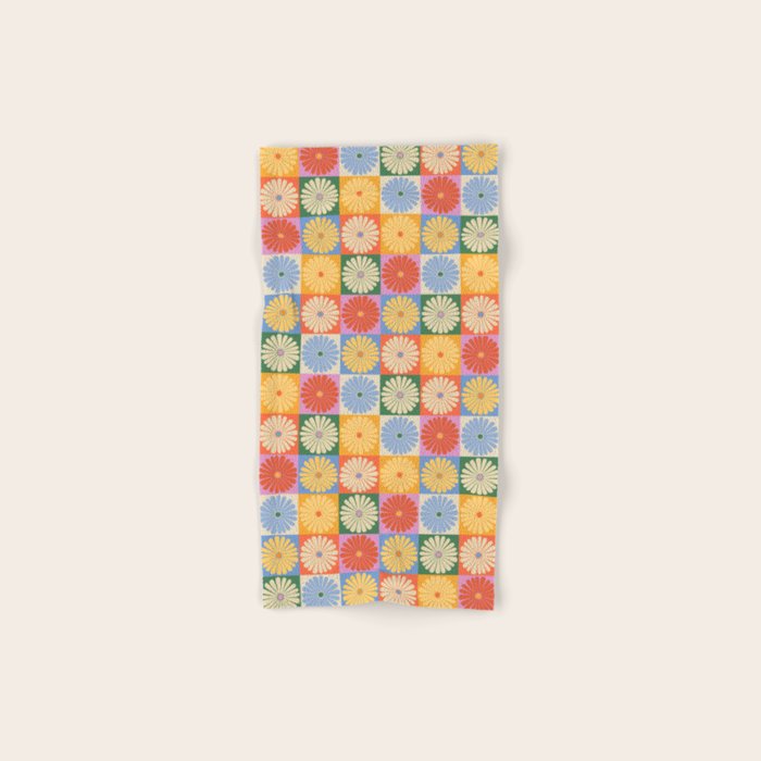Retro Flowers Check Pattern XXIX Bath Towel Gallery Image 1