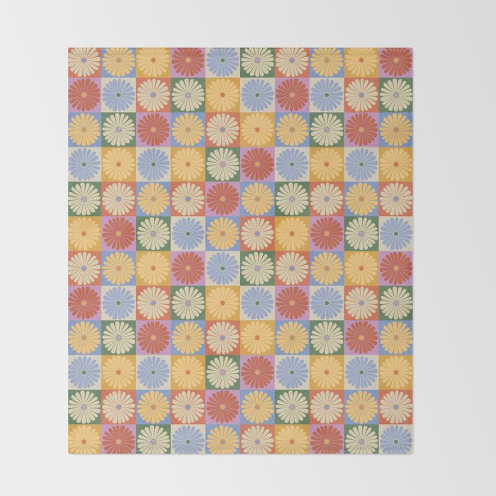 Retro Flowers Check Pattern XXIX Throw Blanket Gallery Image 2