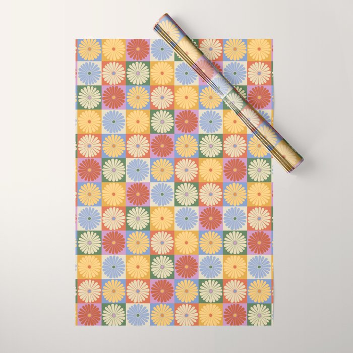 Retro Flowers Check Pattern XXIX Wrapping Paper Gallery Image 1