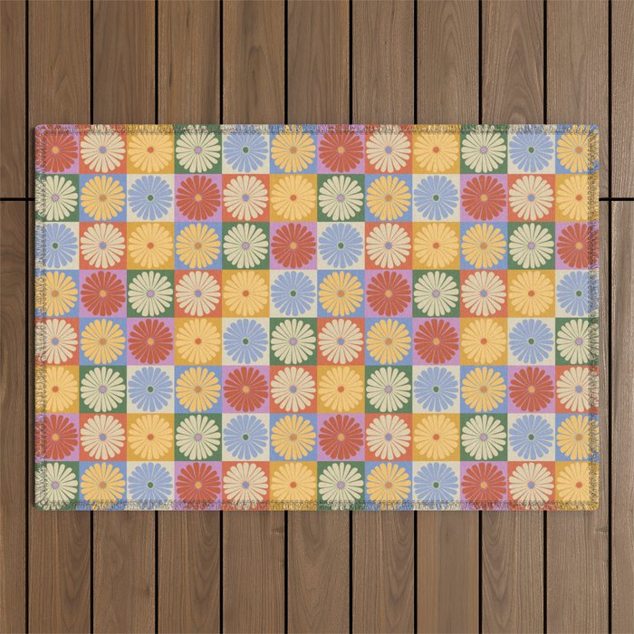 Retro Flowers Check Pattern XXIX Outdoor Rug Gallery Image 1