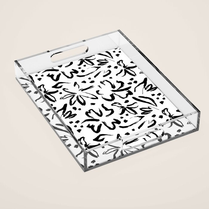 Black abstract flower art pattern Acrylic Tray Gallery Image 1