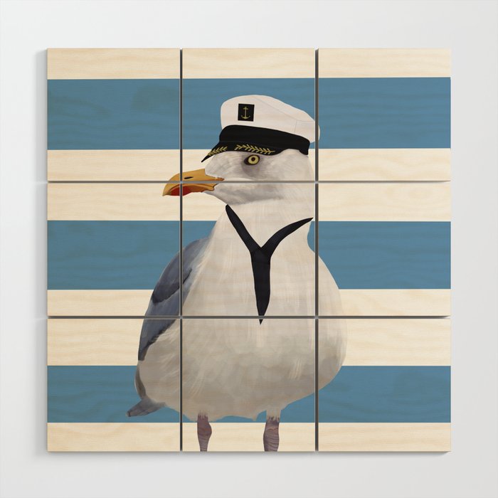 Captain Seagull on blue stripes Wood Wall Art Gallery Image 1