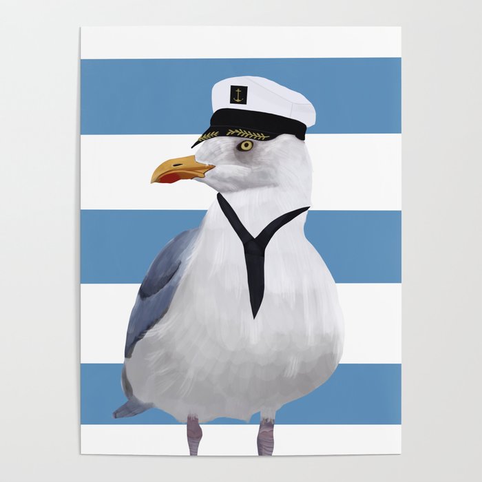 Captain Seagull on blue stripes Poster Gallery Image 1