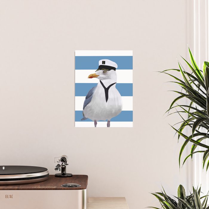 Captain Seagull on blue stripes Poster Gallery Image 2
