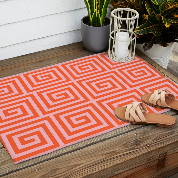 Greek Key Pattern 133 Orange and Pink Outdoor Rug Gallery Image 2