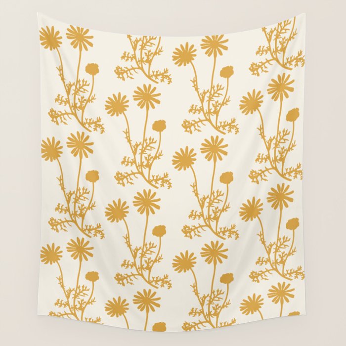 Wild Daisies Mustard Floral Botanical Pattern Wall Tapestry Gallery Image 4