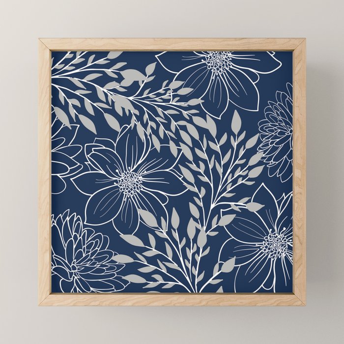Festive, Floral Prints and Leaves, Line Art, Navy Blue and Gray Mini Art Print Gallery Image 1