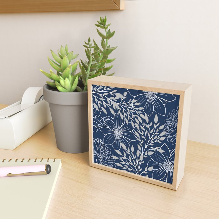 Festive, Floral Prints and Leaves, Line Art, Navy Blue and Gray Mini Art Print Gallery Image 2
