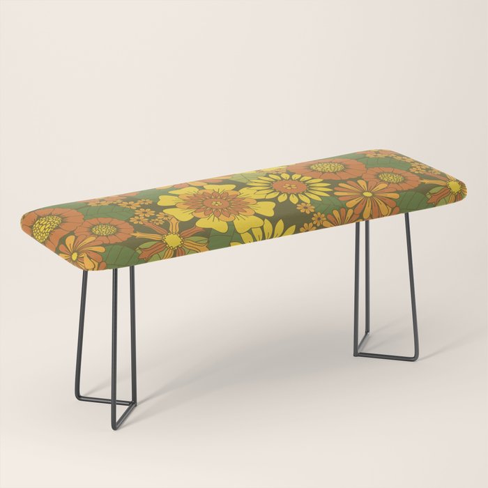Orange, Brown, Yellow and Green Retro Daisy Pattern Bench Gallery Image 1