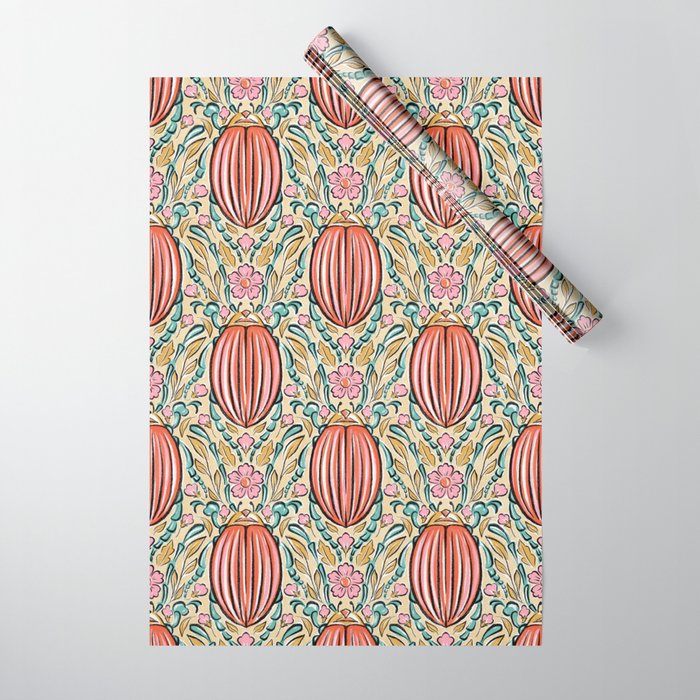 Retro Floral Beetle - pink red gold and teal Wrapping Paper Gallery Image 1