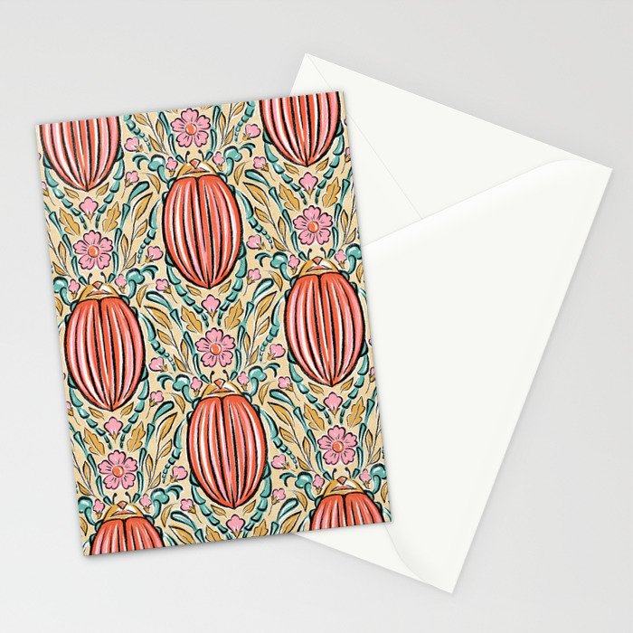 Retro Floral Beetle - pink red gold and teal Stationery Card Gallery Image 2