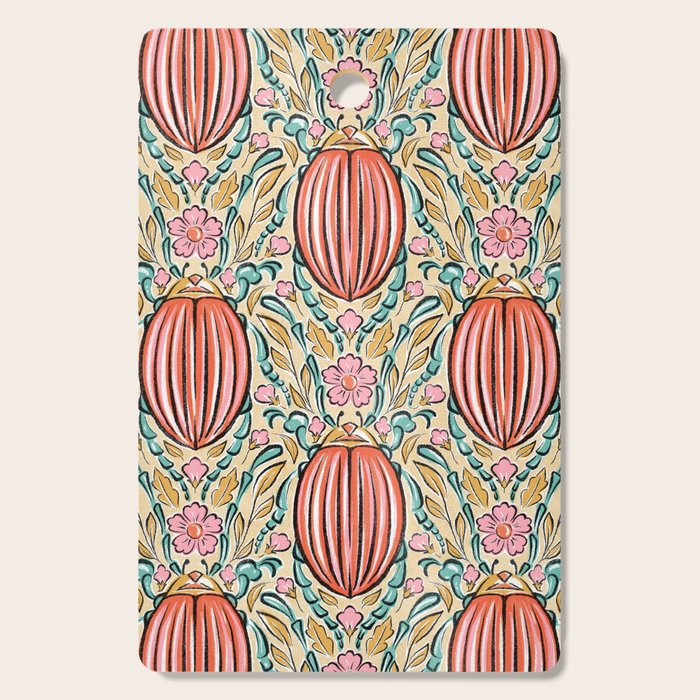 Retro Floral Beetle - pink red gold and teal Cutting Board Gallery Image 1