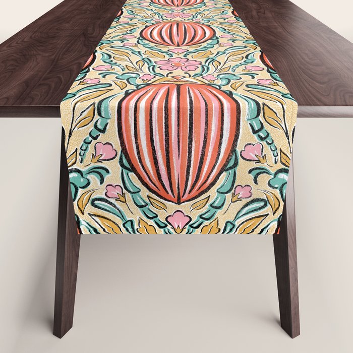 Retro Floral Beetle - pink red gold and teal Table Runner Gallery Image 1