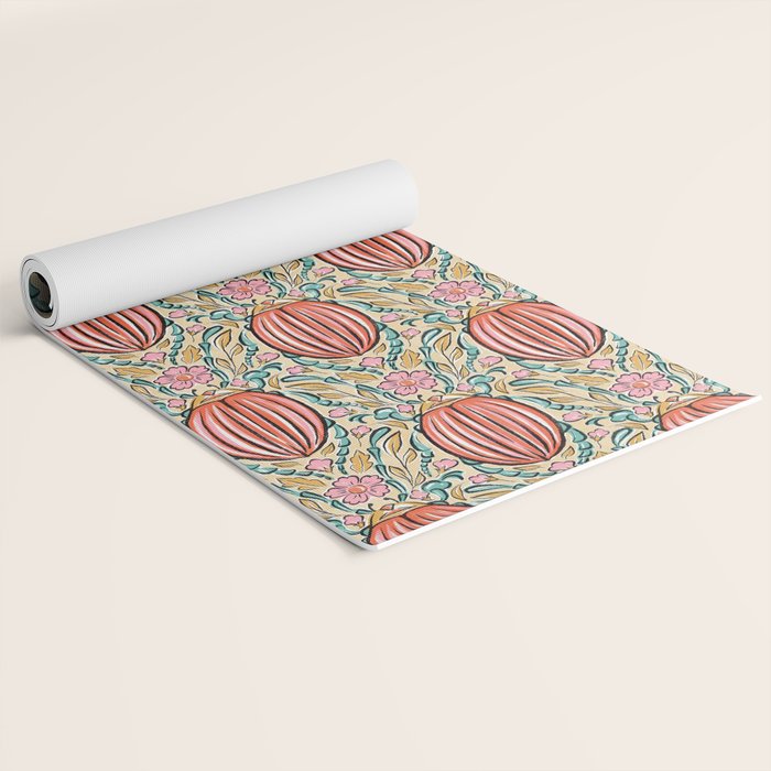 Retro Floral Beetle - pink red gold and teal Yoga Mat Gallery Image 2