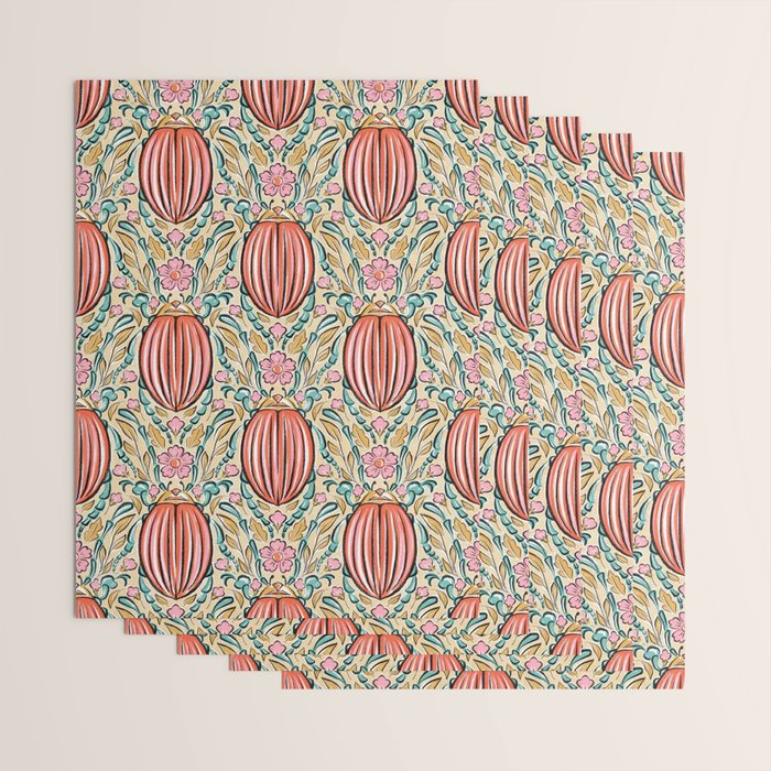Retro Floral Beetle - pink red gold and teal Wrapping Paper Gallery Image 3
